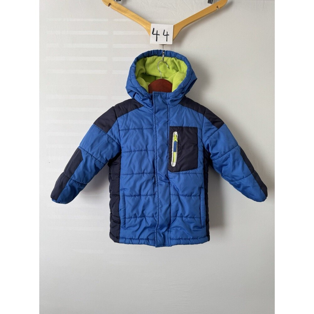 OshKosh B’gosh Boys 5-6 Puffer Jacket Blue Navy Lime Fleece Hooded Winter